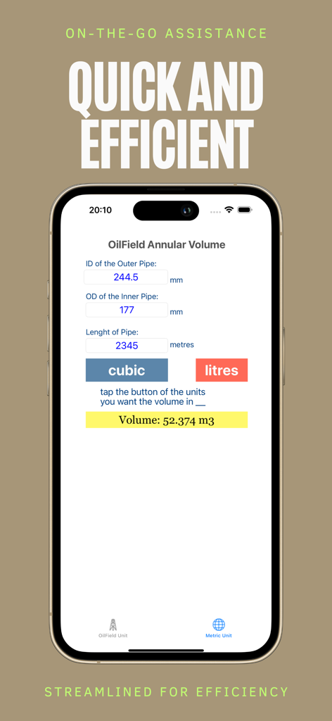 Interface of the Annular Volume Calculator app showing a metric calculation for oilfield pipes
