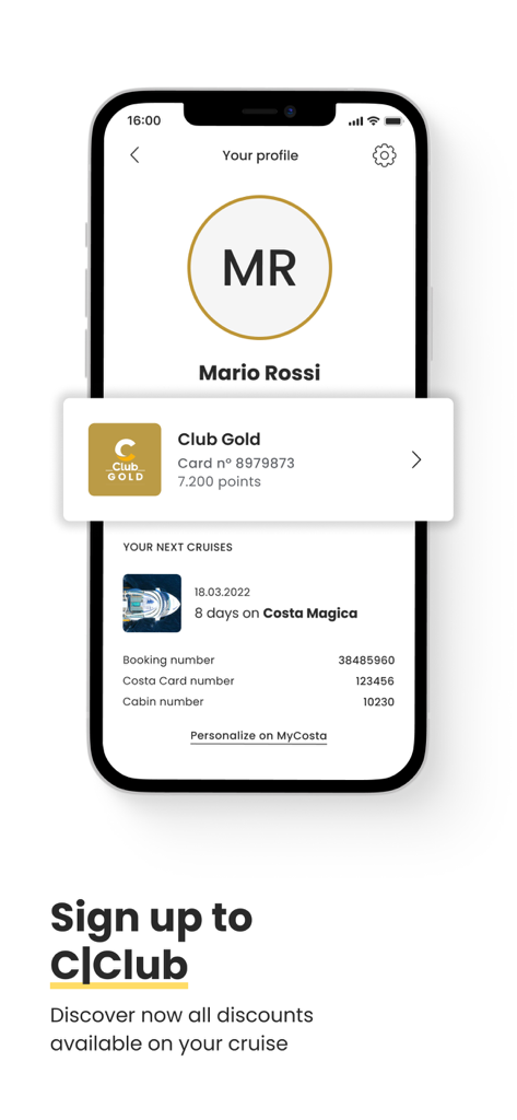 Costa Cruises - Schermata del profilo dell'app Costa Cruises che mostra lo stato di membro Gold C Club e le informazioni sulla prenotazione della crociera imminente.
