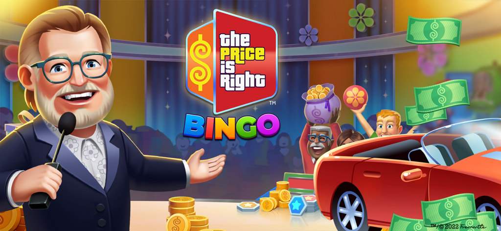 A cartoon illustration of Drew Carey hosting The Price Is Right Bingo featuring a red prize car and falling cash.