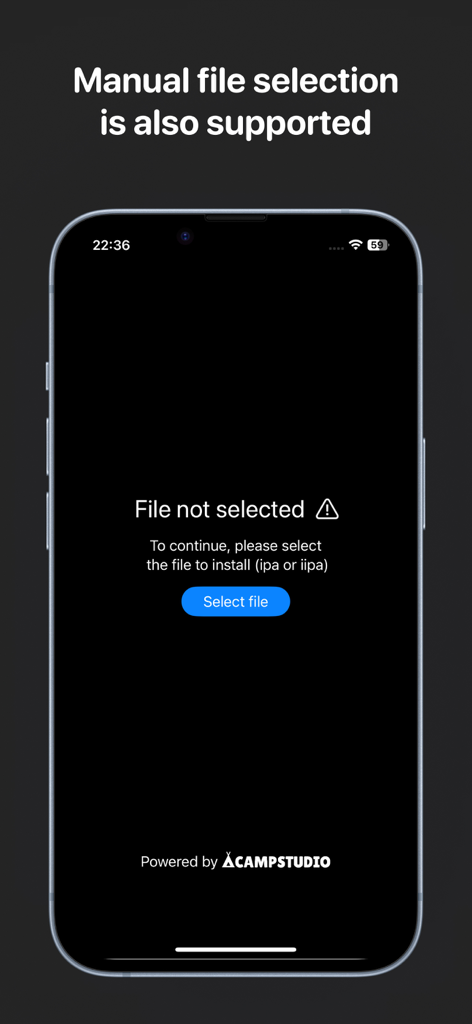 IPA Installer - Manuelle Dateiauswahlbildschirm in der IPA Installer-App zur Installation von Entwickler-Builds