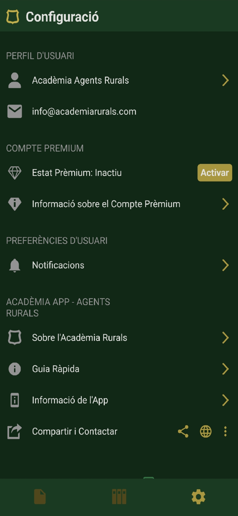 Tela de configurações do aplicativo Academia Agentes Rurais exibindo perfil do usuário e configurações de conta premium