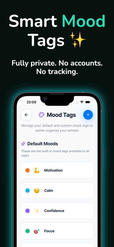 A mobile app interface titled Mood Tags showing options like Motivation Calm and Confidence for categorizing dream recordings
