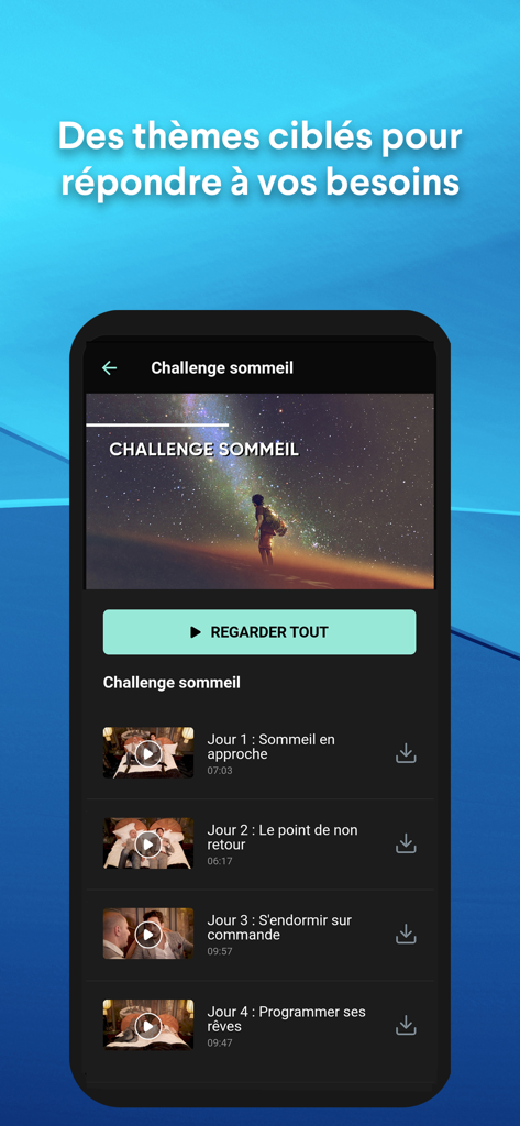 Interfaz que muestra sesiones de auto-hipnosis para un desafío de sueño en la aplicación Psychonaute