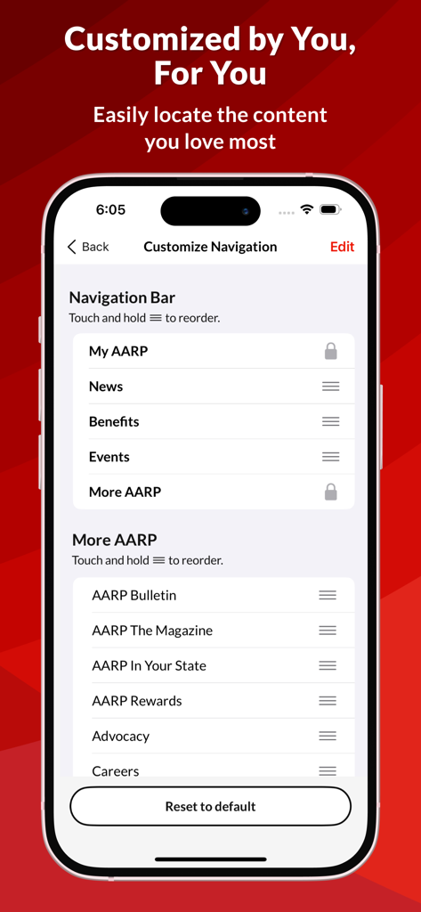 AARP Now - AARP Now app screenshot showing the customize navigation screen where users can reorder menu items like news benefits and events