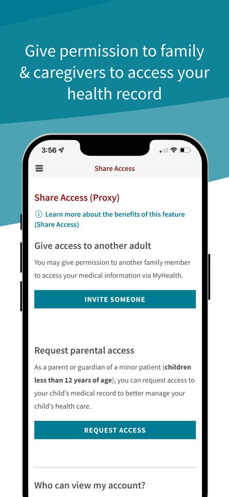 Stanford Health Care MyHealth - Stanford MyHealth app screen for sharing health record access with family and caregivers