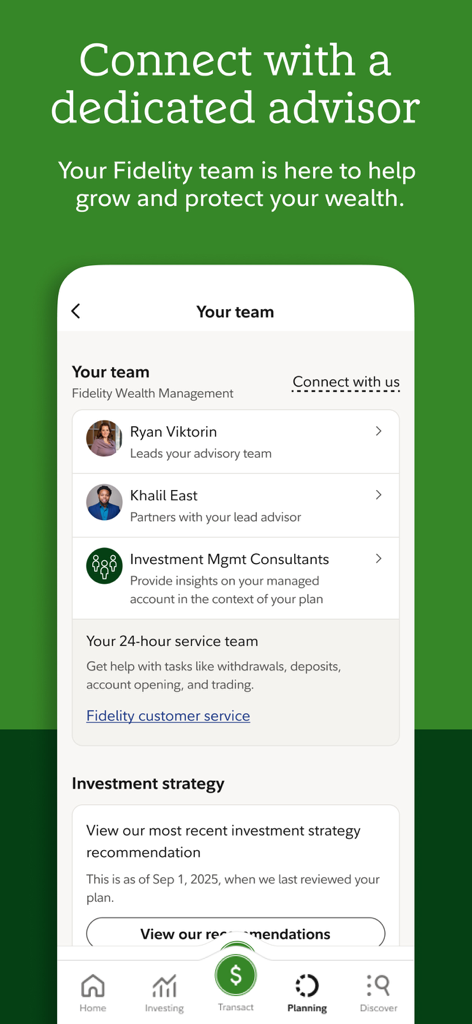 Fidelity app interface showing wealth management advisors and investment strategy recommendations