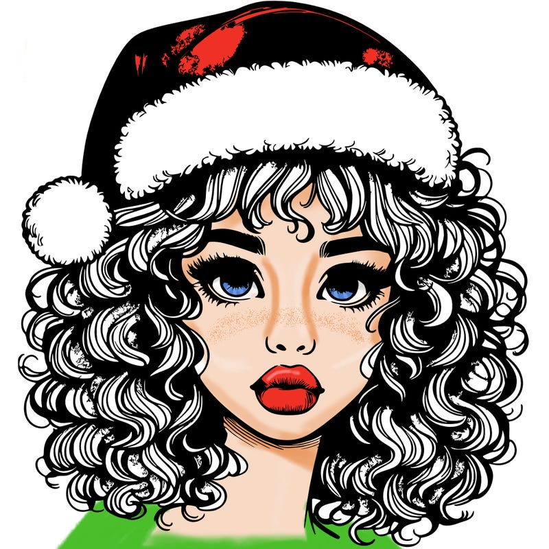 realistic girl with a santa hat curly hair and lips