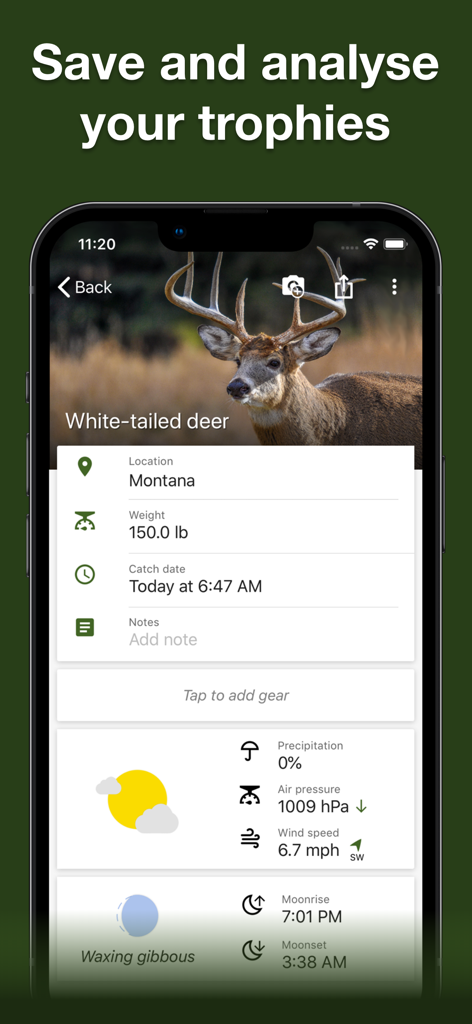 Hunting Points app trophy room screen showing a white-tailed deer catch report with weather and solunar data