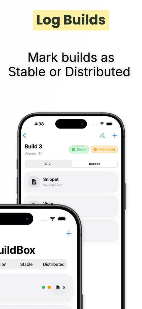 iPhone screenshot of the BuildBox app interface showing how to log builds and mark them as stable or distributed