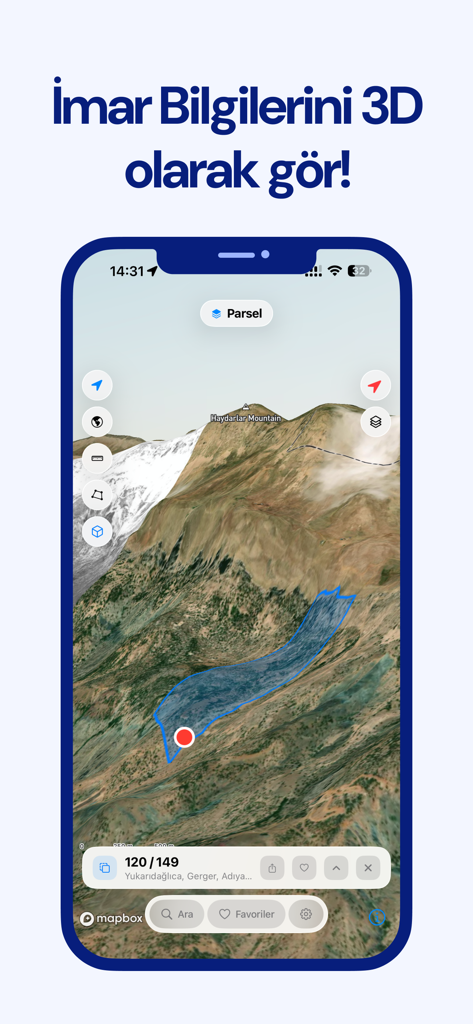 3D topographic view of a land parcel in the Parsel mobile application