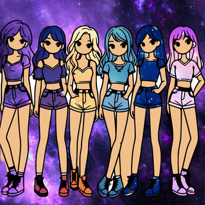 a group of girls wearing crop tops and shorts