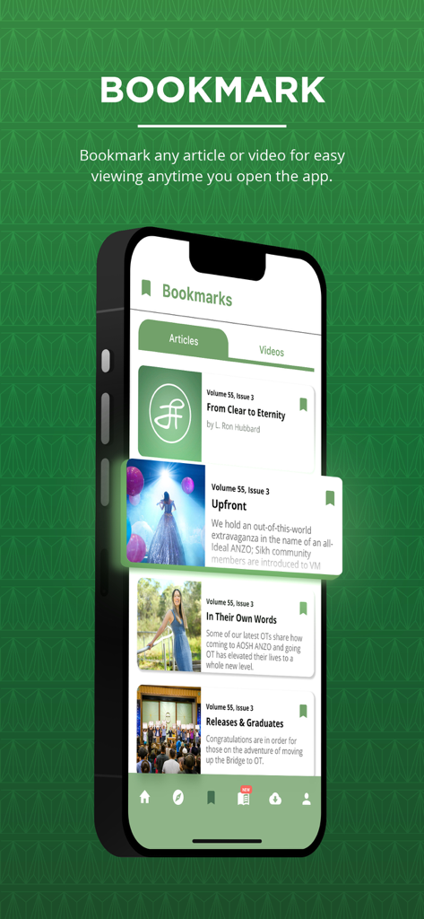 Advance! ANZO - Advance! ANZO mobile app interface showing bookmarked articles and videos on a smartphone screen.