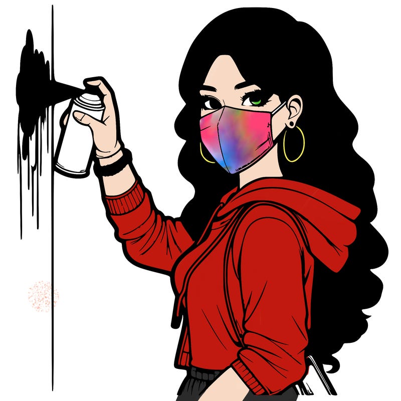 realistic girl with mask spray painting a wall