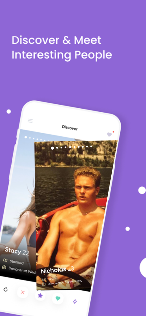 SUGAR - Dating with Sweetness - A screenshot of the SUGAR dating app showing the Discover screen with user profiles and the text Discover and Meet Interesting People.