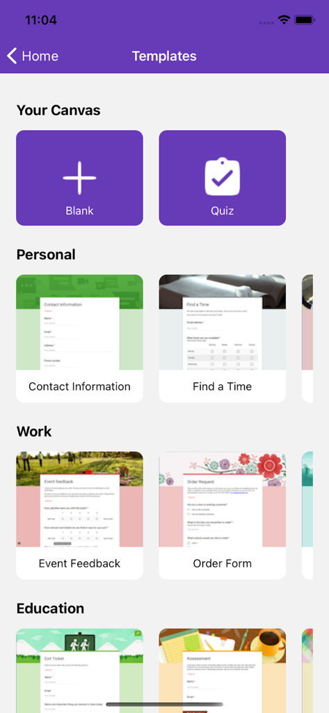 Forms for Google Forms & Quiz - Bildschirm der Google Forms Mobile App mit Vorlagenkategorien für persönliche Arbeit und Bildungsformulare