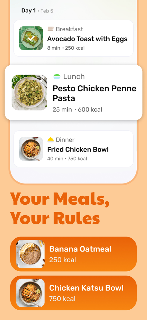 Calorie Counter - Eatwise AI - Interface do aplicativo Eatwise AI mostrando registros de refeições diárias com contagem de calorias e imagens de alimentos