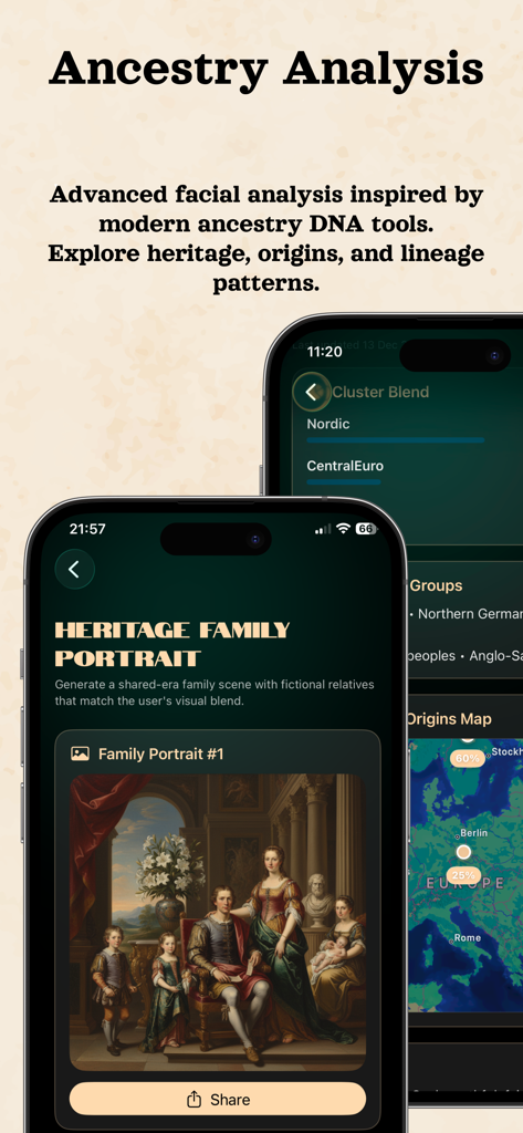 Écran de l'application Ancestor Lens présentant un portrait de famille d'héritage et une carte des origines ancestrales.