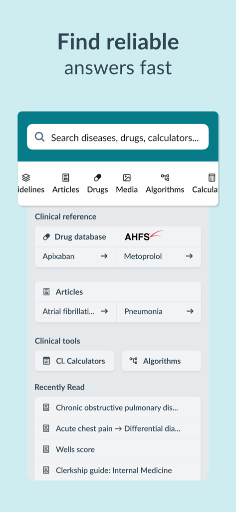 AMBOSS Medical Knowledge - AMBOSS medical knowledge app search screen with clinical reference and tools
