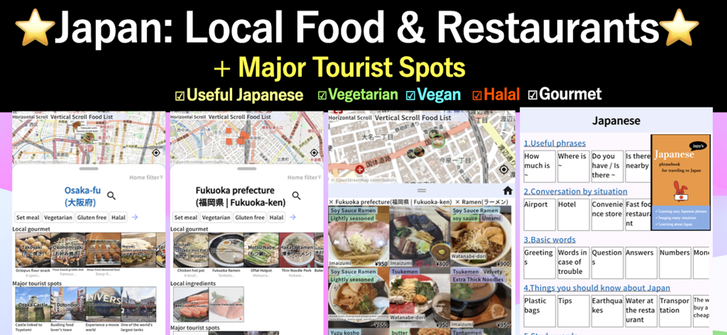 Japan Food Menu - Japan Food Menu app interface showing regional food search dietary filters and a Japanese language phrasebook for travelers