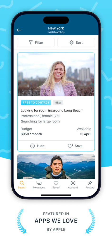 SpareRoom app screen showing roommate search results in New York City featuring a young professional profile