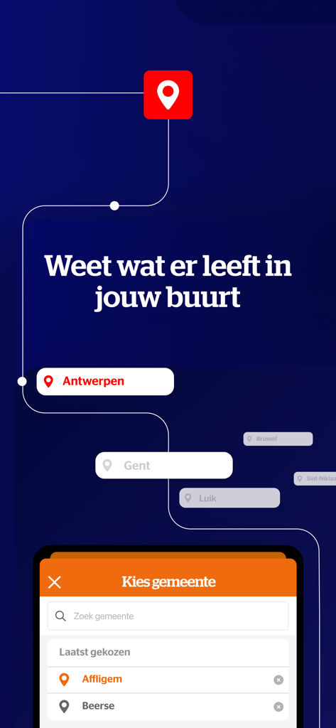 Interfaz de la aplicación HLN para seleccionar municipios belgas y obtener actualizaciones de noticias locales