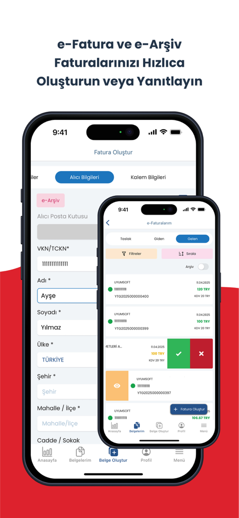 Interface de l'application mobile pour e-Uyum montrant les formulaires de création de factures électroniques et les listes de documents pour la gestion des entreprises
