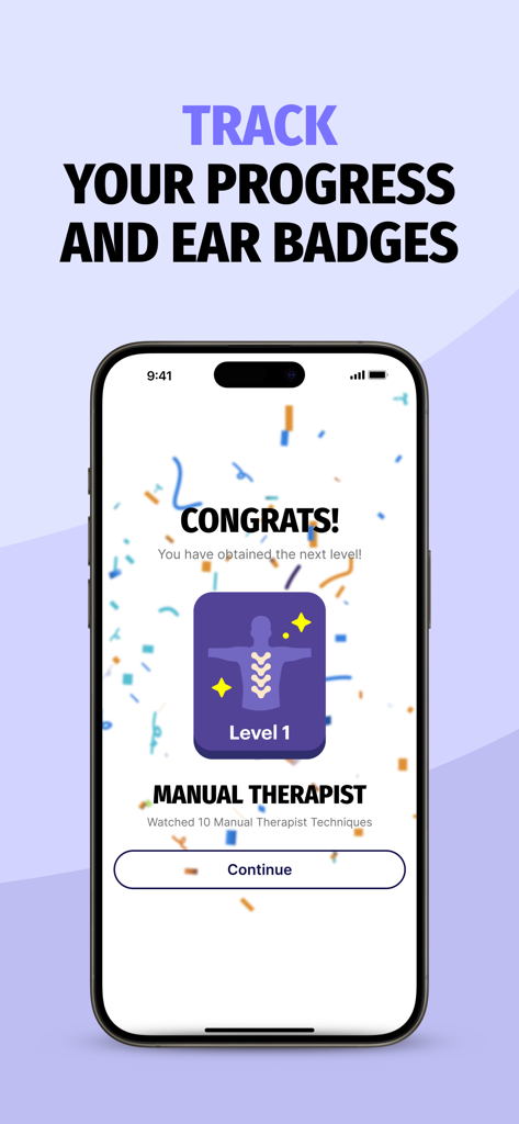 Physiotutors - Physiotutors mobile app displaying a Level 1 Manual Therapist badge achievement