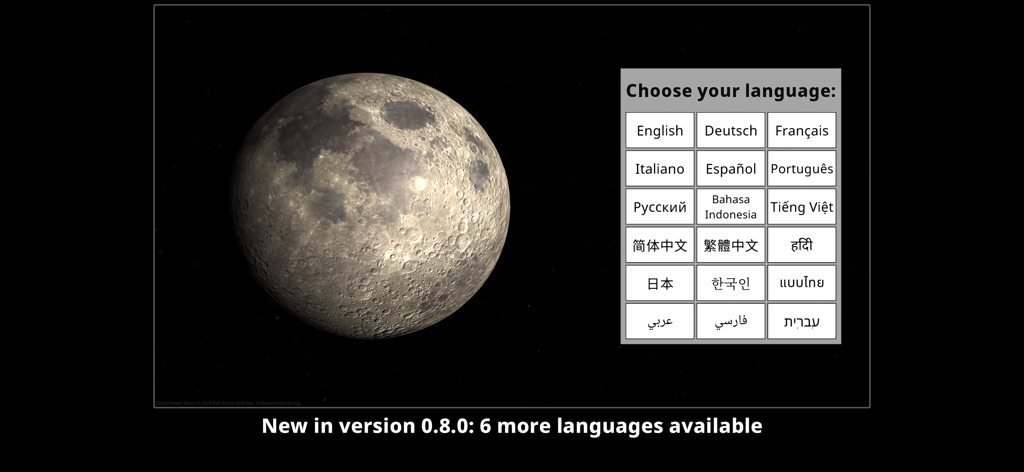 GlobeViewer Moon PRO - Language selection screen in GlobeViewer Moon PRO with a 3D lunar model.
