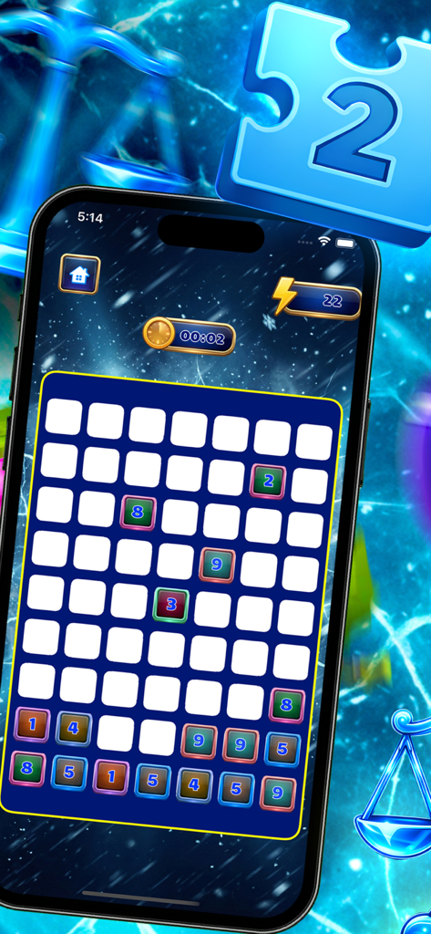 Pantalla del juego móvil Energy Colors mostrando cubos numerados en una cuadrícula con temática cósmica