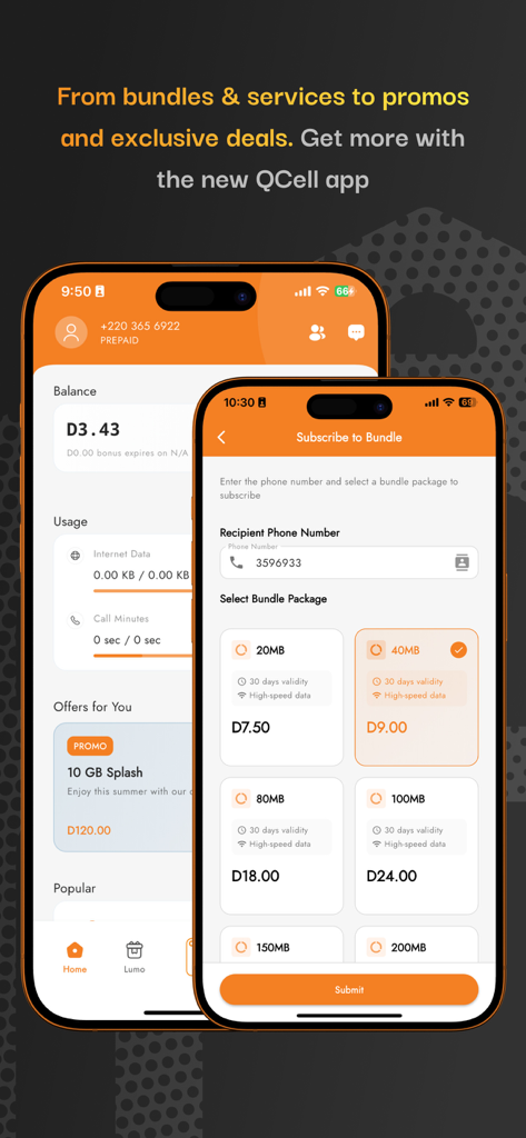 QCELL - Interface of the QCell app displaying mobile balance and various data bundle options for subscription