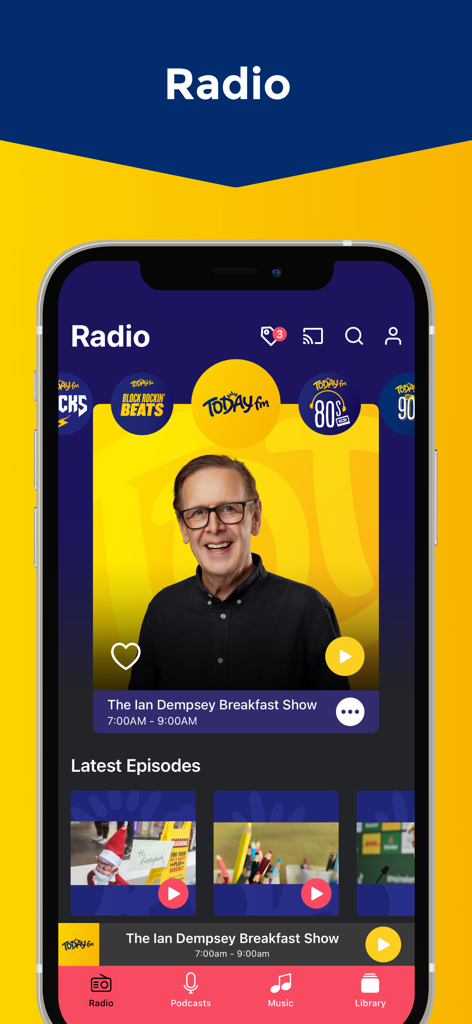 Screenshot of the Today FM mobile app radio player featuring The Ian Dempsey Breakfast Show and music station selections.