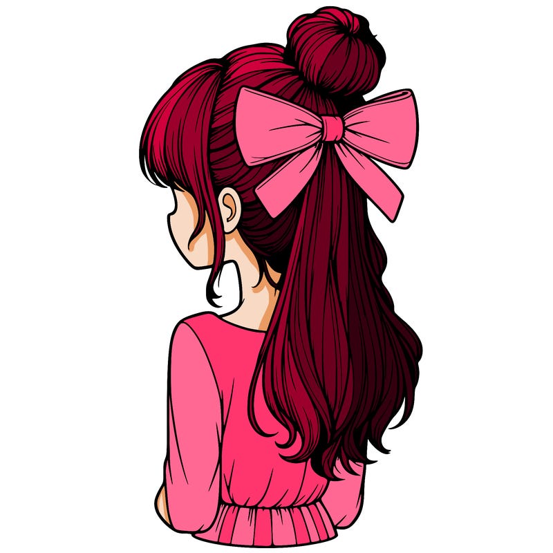 realistic girl  with hip length hair a bun and a big bow on the back of head