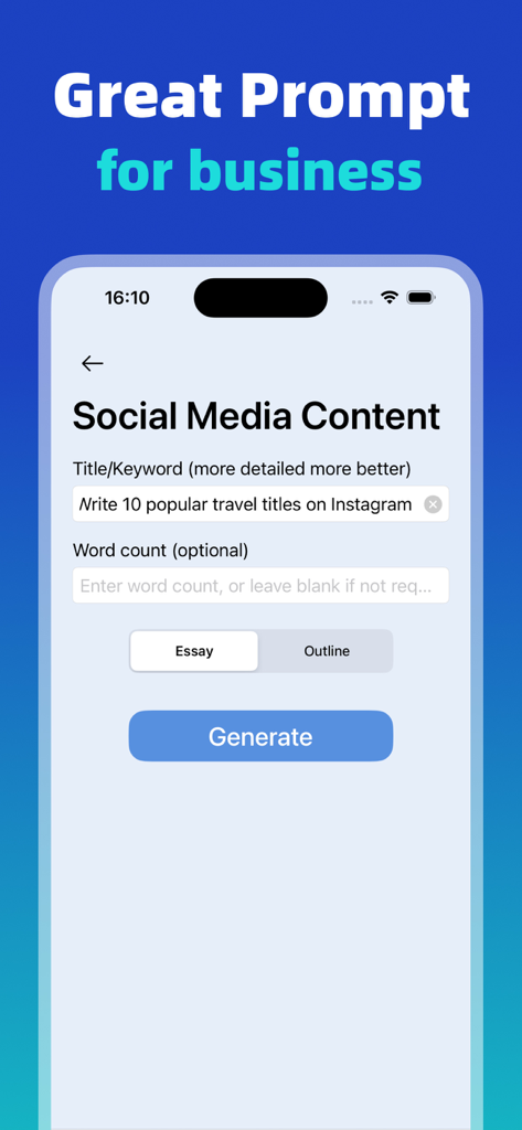 AI Writer app interface showing the social media content generation tool with a prompt for Instagram travel titles