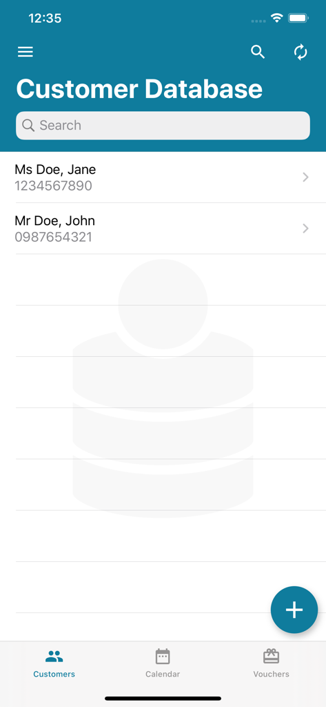 Schermata principale dell'app Database Clienti che mostra un elenco di nomi e numeri di telefono dei clienti con una barra di ricerca.