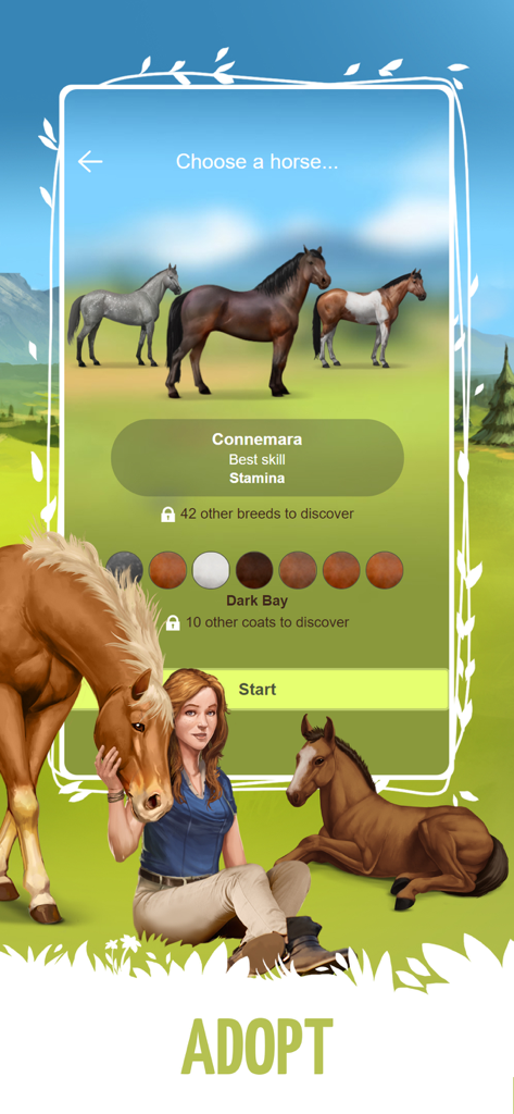 Howrse - Interface of the Howrse app showing horse breed selection with a Connemara horse