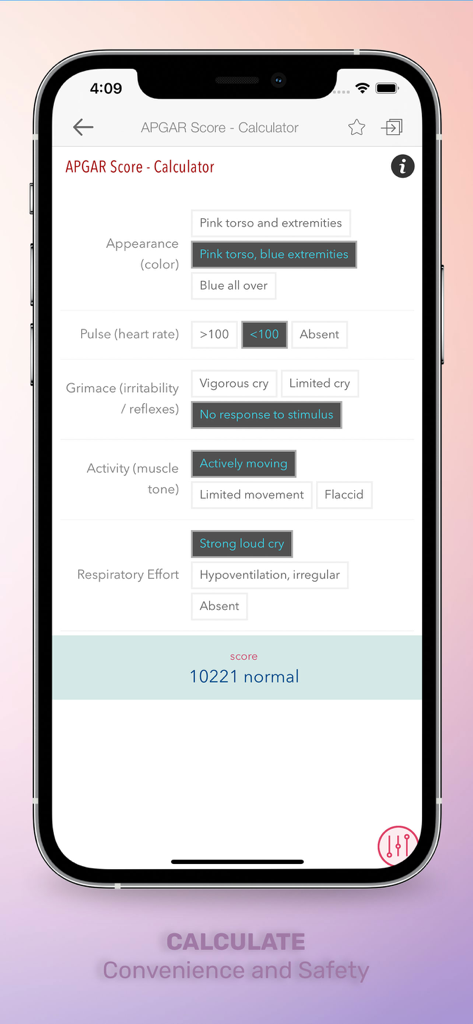 APGAR score calculator interface within the RNotes Nurse's Pocket Guide mobile app.