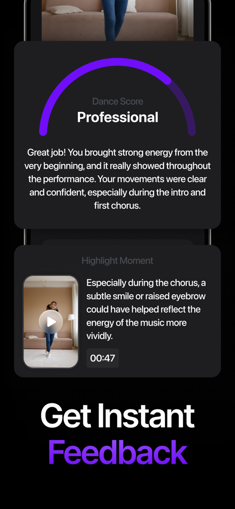 Dancio - Learn Dance with AI - Interfaz de la aplicación Dancio que muestra una puntuación de baile profesional generada por IA y feedback de rendimiento instantáneo.