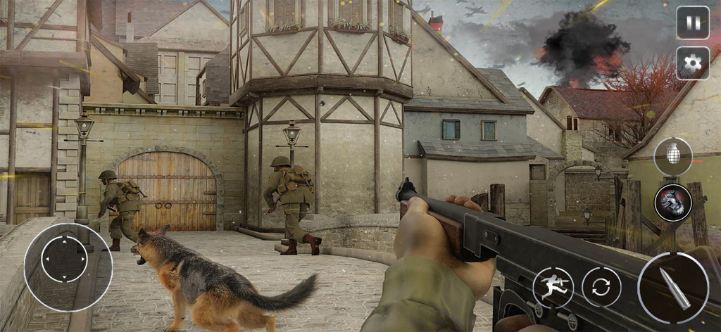 First person shooter gameplay of World War 2 Call of Courage showing a soldier and his dog companion in a war zone
