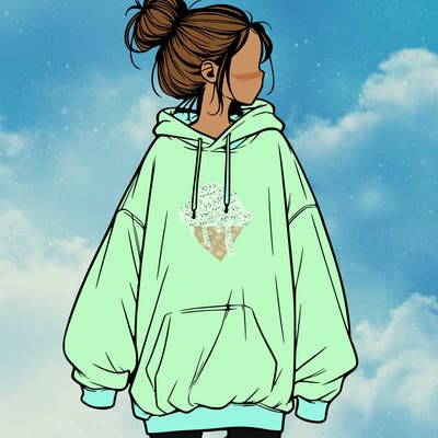 realistic girl with a oversized sweatshirt on and a bun