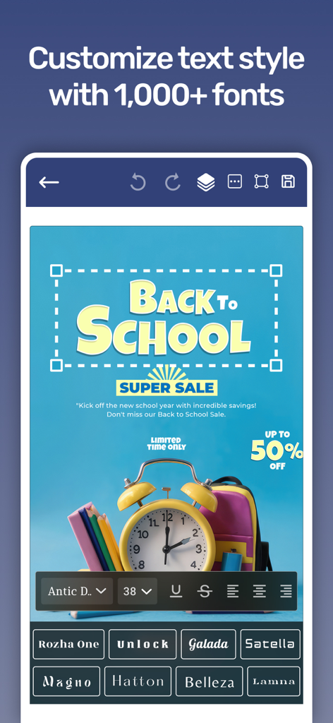 Mobile app interface showing various font styles and text editing tools for a back to school poster design