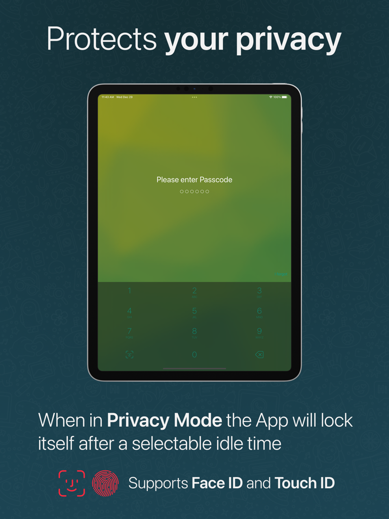 Datenschutzmodus-Bildschirm für ChatMate für WhatsApp auf dem iPad mit Face-ID- und Touch-ID-Sicherheitsfunktionen.