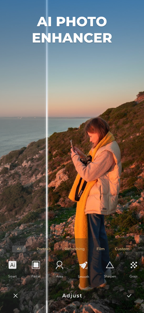 LUMINS - Light Photo Editor - Before and after comparison of a sunset photo using Lumins AI photo enhancer.