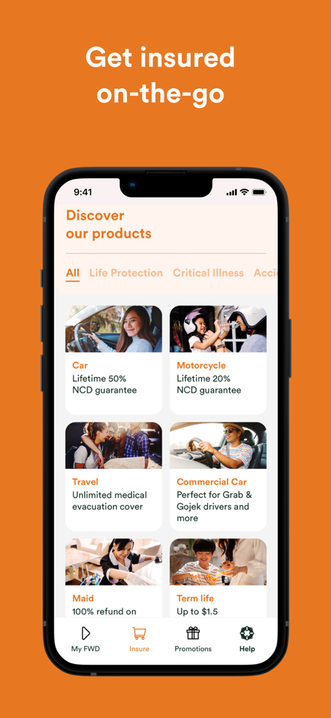 FWD SG app screen showing insurance options for car travel and life protection