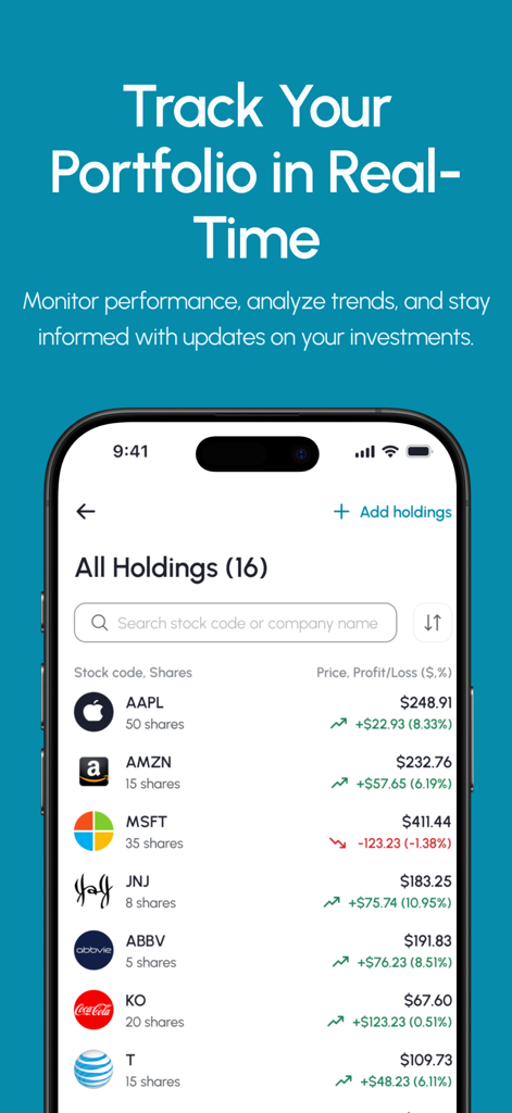 The Dividend Tracker - The Dividend Tracker app showing a real time list of stock holdings including AAPL MSFT and AMZN with profit and loss data
