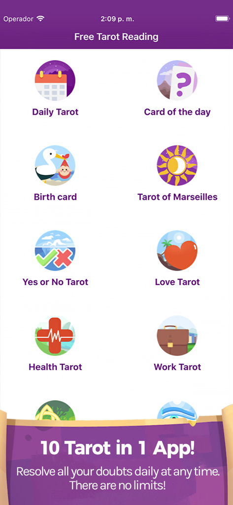 Tarot Reading & Cards Meaning - Menu principale dell'app Free Tarot Reading che mostra varie categorie di lettura come Tarocchi Amore e Salute