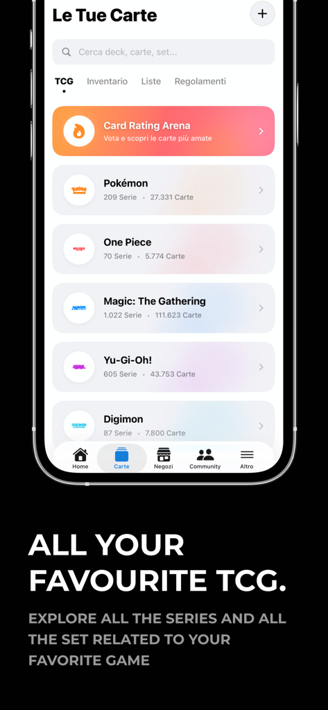 Mobile app screen of TCG Arena showing a list of popular trading card games like Pokemon Magic and YuGiOh