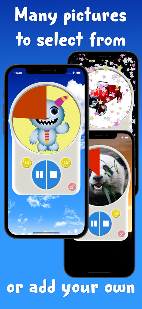 Screenshot showing the app interface with multiple reward pictures like a monster and a panda for children to choose from.