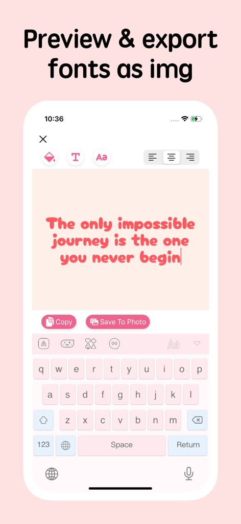 Fonts for iPhones - Interface showing a custom bubbly font quote with options to copy or save as an image