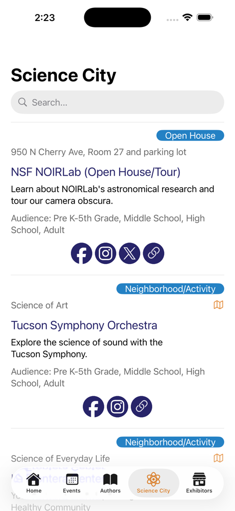 Tucson Festival of Books - Science City activities screen in the Tucson Festival of Books app showing local event listings