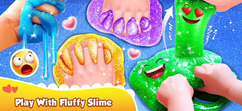 Glitter Slime Maker - Children playing with colorful fluffy glitter slime and emojis in a mobile game.